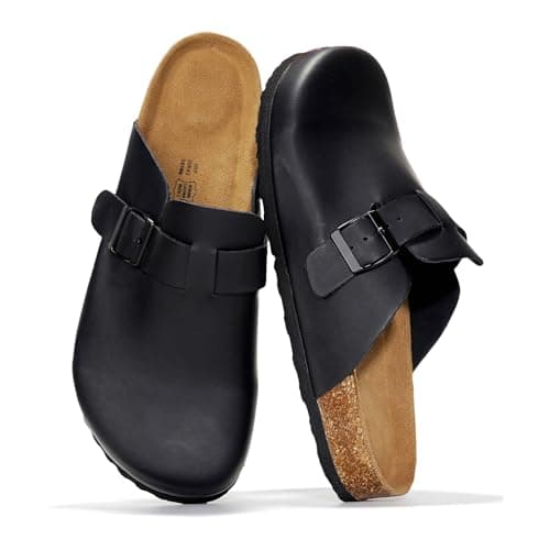 Project Cloud Mens Clogs - Full Grain Genuine Leather Memory Foam Clogs for Men Arch Support Cork Footbed - Non Slip Platform Mules (Brooklyn, BLKDIS,11.5) - Image 1