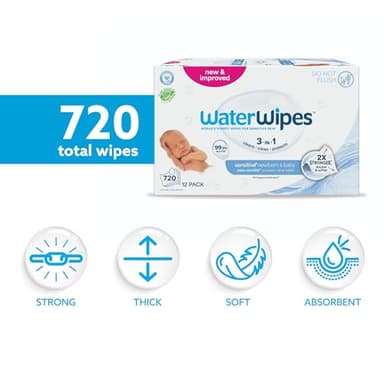 WaterWipes Sensitive+ Newborn & Baby Wipes, 3-In-1 Cleans, Cares, Protects, 99.9% Water, Unscented & Hypoallergenic, 720 Count (12 Packs) - Image 2