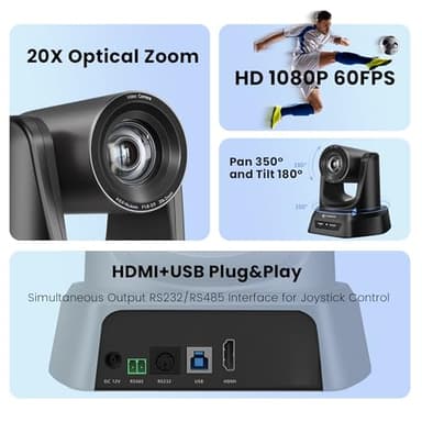 TONGVEO Conference Room PTZ Camera System with 20X Optical Zoom | 1080P 60fps HDMI USB Webcam for Church Streaming Online Video Conference| Compatible with Zoom, OBS | Easy Setup - Image 3