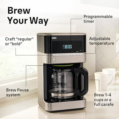Braun BrewSense 12 Cup Drip Coffee Maker - Pause & Pour Mid Brew, Coffee Machine with 24-Hour Timer & Clock, Bold & Regular Strength, 1-4 Cup Functions, Self Clean, Auto Shutoff, Stainless Steel - Image 4
