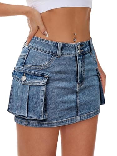 Mancreda Women Denim Cargo Skirt Mini Low Waist Button Bodycon Y2K Flap Pockets Skirts(BL,M) - Image 1