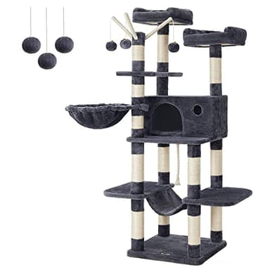 FEANDREA Cat Tree, Large Cat Tower, 64.6 Inches, Cat Activity Center with Hammock, Basket, Removable Fur Ball Sticks, Cat Condo, Smoky Gray UPCT087G01 - Image 1