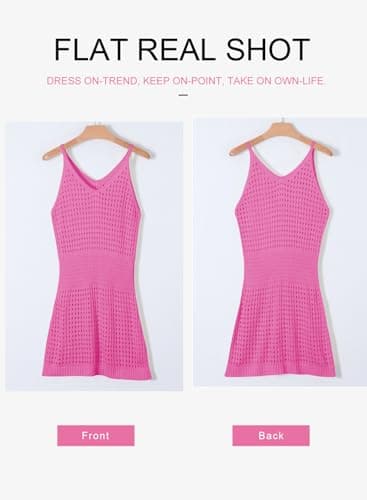Dokotoo Bathing Suit Cover Ups for Women 2025 Trendy Summer Fashion Scoop Neck Sleeveless Spaghetti Straps Waist Crochet Hollow Out Knit Sexy Short Bikini Beach Dress Essentials Hot Pink Small - Image 4