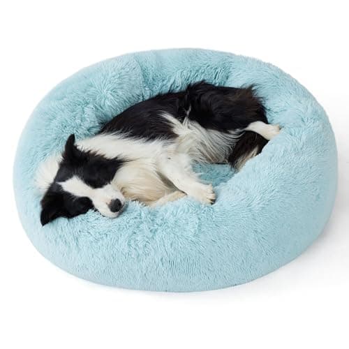 Bedsure Calming Dog Bed for Large Dogs - Donut Washable Large Pet Bed, 36 inches Anti-Slip Round Fluffy Plush Faux Fur Dog Bed, Fits up to 100 lbs Pets, Aqua Blue - Image 1