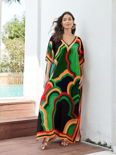 IMAGEKOPE Women's Plus Size Loose Fit Moroccan Print V-Neck Batwing Kaftan Beach Dress Bathing Suit Cover Up - Image 4