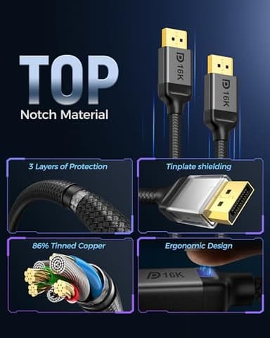 Silkland DisplayPort 2.1 Cable, DP 2.1 Cable 10FT [16K@30Hz, 10K@60Hz, 8K@120Hz, 4K@240Hz 165Hz 144Hz] 40Gbps HDR10 HDCP DSC 1.2a, Video Display Port 2.1 Cord Compatible FreeSync G-Sync Gaming Monitor - Image 2