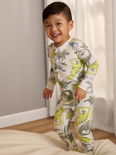 Simple Joys by Carter's Baby Boys' 3-Pack Snug Fit Footed Cotton Pajamas, Navy Stripe/Sage Green Construction/White Dinosaur, 18 Months - Image 5
