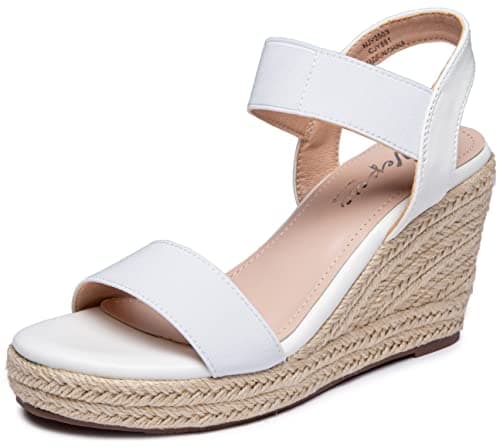 Vepose Women's Wedge Sandals White Platform Espadrilles Sandals Elasitc Ankle Strap Open Toe 881 Sandals with 3.5" Inchs High Heel Summer Shoes Size 8.5 (CJY881 White 08.5) - Image 1