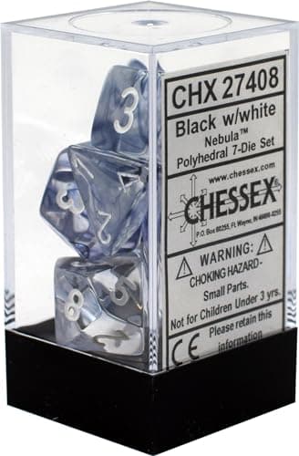Chessex DND Dice Set-Chessex D&D Dice-16mm Nebula Black and White Plastic Polyhedral Dice Set-Dungeons and Dragons Dice ludes 7 Dice - D4 D6 D8 D10 D12 D20 D%, Various, Regular (CHX27408)