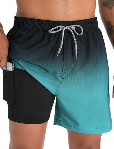 zeetoo Mens Swim Trunks with Compression Liner 5.5" Inseam Shorts Bathing Suit Quick Dry Swimsuit Gradient-Green M - Image 1