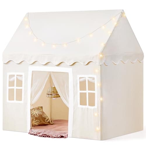 Tiny Land Play Tent with Padded Mat & LED Lights, Kids Tent, Playhouse for Kids, Indoor Bed Tent for Toddler, Toys for 3,4,5,6-Year-Old Girls, Neutral Color Play Room Furniture - Image 1