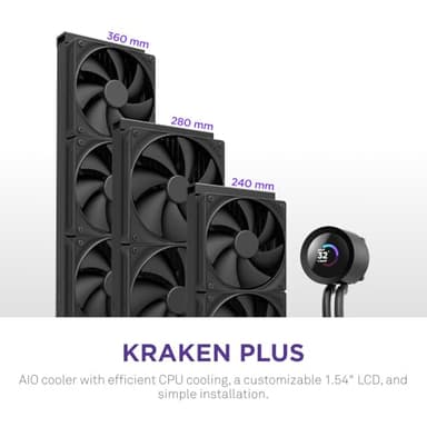 NZXT Kraken Plus 360 – AIO CPU Liquid Cooler – 360mm Radiator – 3 x F120P Fans – Customizable 1.54" Square LCD – AMD® AM5, AM4 – Intel® LGA 1851/1700, 1200/115X – Black - Image 2