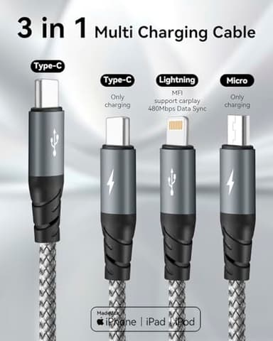 USB C Multi Charging Cable 3A,[3Pack 4FT] 3 in 1 Charging Cable Nylon Braided Multiple Phone Charger Cord Fast iPhone Charging Cord with Type-C,Micro USB,IP Port for iPhone16/15/14/Android and More - Image 3