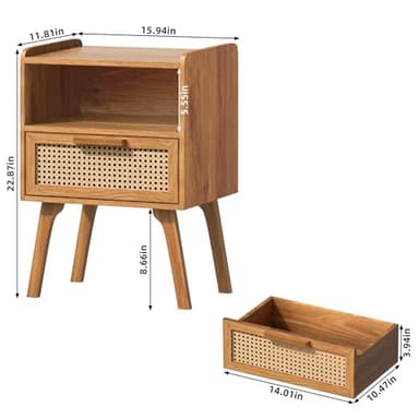 Lerliuo Rattan Nightstands Set of 2, Side Table with Drawer, Cane Accent Bedside End Table with Solid Wood Legs, Mid Century Modern Night Stand for Bedroom, Dorm and Small Spaces (Tea Brown) - Image 3