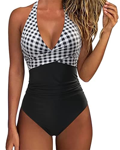 SUUKSESS Women Sexy Tummy Control One Piece Swimsuits Halter Push Up Monokini Bathing Suits (Black Gingham, L) - Image 1