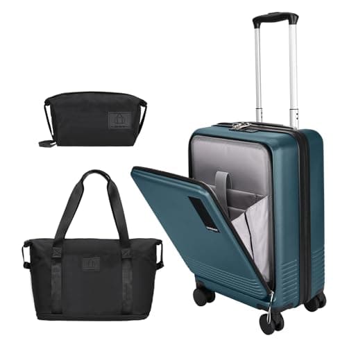 WireHot 20 inch Small Carry On Luggage Front Open with Laptop Pocket, ABS+PC Hard Shell Suitcase with Spinner Wheels TSA Lock & YKK Zipper, 20in/Toiletry Bag/Handbag, Teal Blue - Image 1