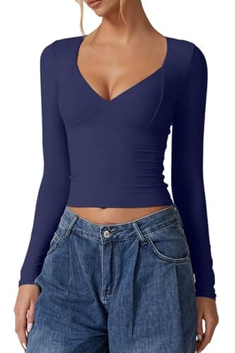 QINSEN Fall Tops for Women 2024 Long Sleeve Sweetheart Neck Double Lined Tee Shirt Stretchy V Neck Top Estate Blue XS - Image 1