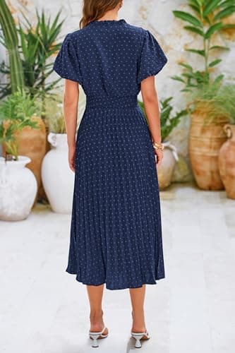 PRETTYGARDEN Summer Long Dresses for Women Puff Short Sleeve V Neck Swiss Dot Pleated A Line Casual Flowy Party Midi Dress (Navy,Large) - Image 2