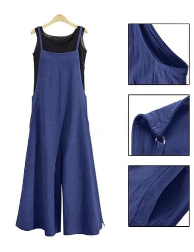 YESNO Women Casual Loose Long Bib Pants Wide Leg Jumpsuits Baggy Cotton Rompers Overalls with Pockets (XS PZZTYP2 Navy Blue) - Image 4
