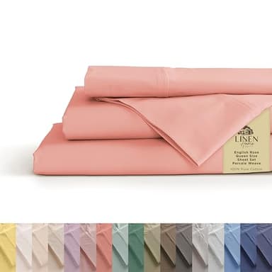 Linen Home 100% Cotton Percale Sheets Queen Size, English Rose, Deep Pocket, 4 Pieces Set - 1 Flat, 1 Deep Pocket Fitted Sheet and 2 Pillowcases, Crisp Cool and Strong Bed Linen - Image 1