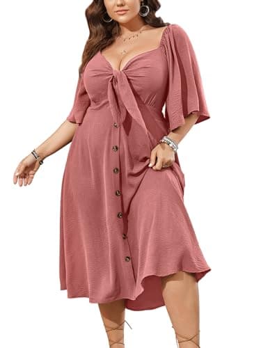 SCOMCHIC Plus Size Summer Dress Casual Short Sleeve Bow Tie Deep V Neck Smocked Button Down Midi Flowy A-line Boho Dresses Pink - Image 1