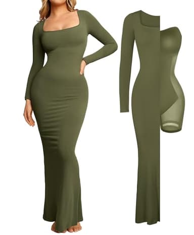 Popilush Formal Wedding Guest Dress - Women's Shapewear Long Sleeve Maxi Dresses Fall Square Neck Bodycon Dress Built-in Bra Green - Image 1