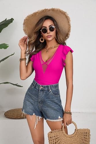 AI'MAGE One Piece Swimsuits for Women Sexy Mesh Deep V Neck Bathing Suit Ruffle Cap Sleeve Tummy Control Swimwear Hot Pink M - Image 4