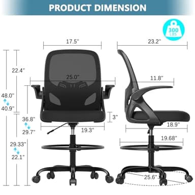 Kensaker Tall Drafting Chair with Footrest Ring for Home and Work, Ergonomic Home Desk Office Chair with Flip up Arms and Lumbar Support, Extended Height Executive Desk Office(Black) - Image 2