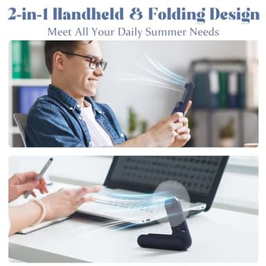 Portable Handheld Fan, 2 IN 1 Mini Hand Fan, Battery Operated [8-15 Working Hours], USB Rechargeable Personal Foldable Fan for Indoor, Small Pocket Fans Travel Essentials for Outdoor (Blue) - Image 2