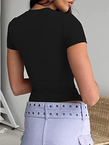 Abardsion Women's Casual Basic Going Out Crop Tops Slim Fit Short Sleeve Crew Neck Tight T Shirts 2025 (Black, 2XL) - Image 2