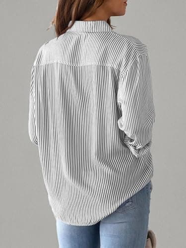 CUNLIN Grey Long Sleeve Striped Blouse Gray Blouses for Women Womens Button Down Shirt Shirts Tops Collared Up Boyfriend Grey Size L - Image 7