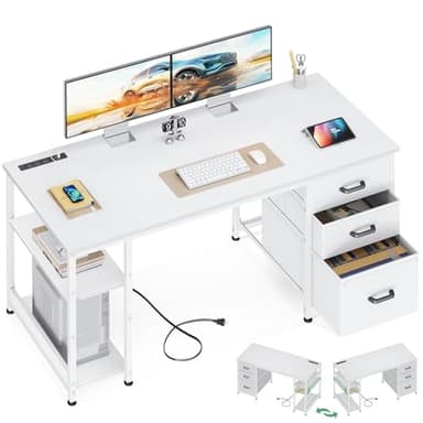 AODK 51 Inch Computer Desk with File Drawers & USB Power Outlets - Reversible Home Office Desk with Storage Shelves, Work from Home, Modern Work/Writing/Study Table for Bedroom, White - Image 1