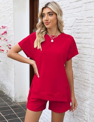LOMON Womens Lounge Sets 2 Piece Outfits 2025 Summer Comfort Shorts Set Fashion Short Sleeve Trendy Sweatsuits(Red,M) - Image 2