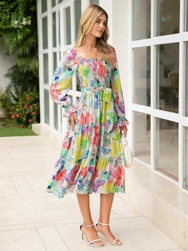 Amegoya Womens Spring Floral Long Sleeve Maxi Dress Square Neck Smocked Tiered Flowy Dress(A-Floral 3) - Image 6