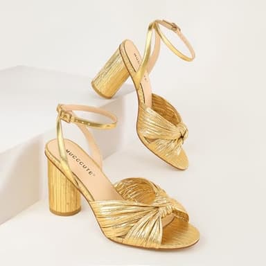 MUCCCUTE Gold Heels with Bow Heeled Sandals Chunky Heels for Women Open Toe Ankle Strap Wedding Bridal Dressy Sandal Size 9.5 - Image 4