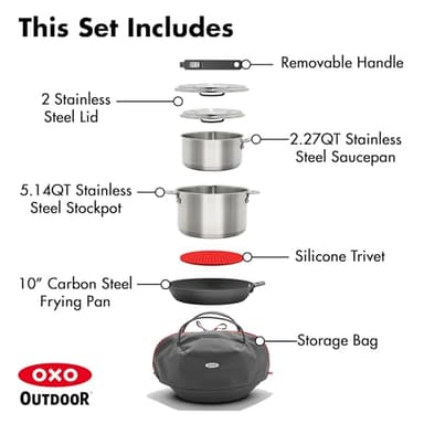 OXO Outdoor 8 Piece Camping Cookware Set, 10" Pre-Seasoned Carbon Steel Frying Pan Skillet, 2.25QT and 5QT Stainless Steel Saucepans with Lids, Removeable Handle, Trivet, Travel Bag, Space-Saving - Image 3