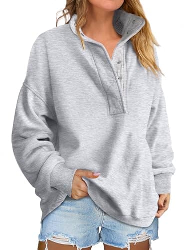 ANRABESS Womens Oversized Sweatshirt Long Sleeve Henley Pullover Tops 2025 Fall Casual Button Loose Fit Teens Fashion Outfits Light Grey Large - Image 1