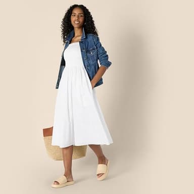 Amazon Essentials Women's Regular-Fit Cotton Sateen Smocked Bodice Midi Dress, White, X-Small - Image 5