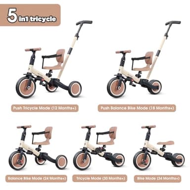 newyoo Toddler Tricycle with Push Handle for 1-3 Year Old, Toddler Bike, Birthday Gift and Toy for Boys and Girls, 5 in 1 Kids Trike, Balance Bike with Backrest and Safety Belt, Khaki, TR007 - Image 2
