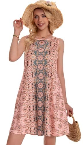 Sundress for Women Floral Bohemian Dress Sleeveless Loose Aline Beach Cover Up(Pink Boho Flower,L) - Image 4