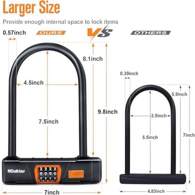 NDakter Bike Locks Heavy Duty Anti Theft, Combo Bike U Lock, 4-Digit Resettable Combination Bicycle Lock, Large U Shaped Ebike Lock with 5Ft Steel Cable for Electric Bike, Escooter, Motorcycle,Door - Image 3