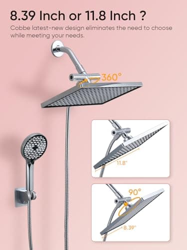 Cobbe 11.8 Inch Rain Shower Head with Handheld - Adjustable Dual Shower Heads with 6 Modes Handheld Spray Combo - Wide Rainfall Showerhead with Hose, Bathroom Accessories - Chrome - Image 6