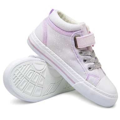 HugRain Toddler Girls Sneakers Walking Shoes for Little Kids Sparkle Glitter Star Canvas Casual Slip On High Top Adjustable Hook Loop Straps Velcro Non-Slip Lightweight Elastic Band Purple Size 12 - Image 3