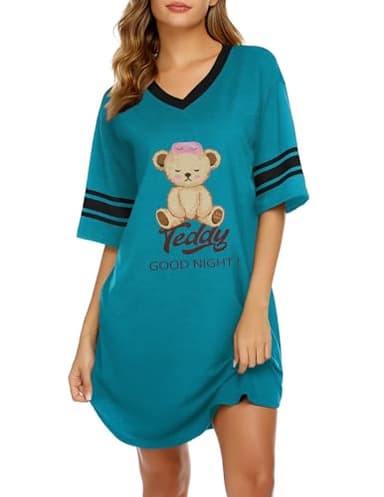 Ekouaer Womens Nightgown Cotton Sleepwear Short Sleeve Sleep Shirt V Neck Color Block Nightshirt Teddy Blue L - Image 1