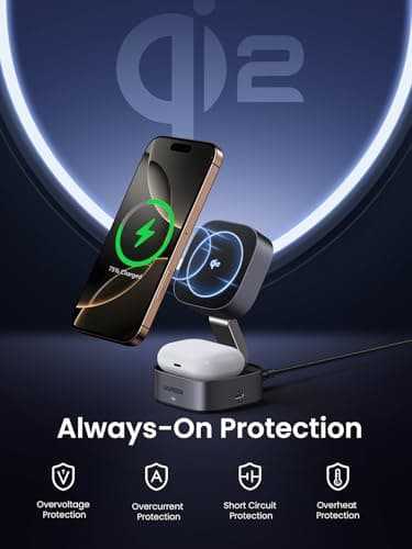 UGREEN MagFlow Qi2 Magnetic Foldable Charging Station, 2-in-1 Fast Wireless Charger Compatible with iPhone 16 15 14 13 12, Airpods3 2 Pro (No AC Adapter), Dark Grey - Image 4