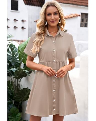 GRAPENT Denim Dress for Women Babydoll Tiered Short Sleeve Button Down Jean Shirt Dresses Light Taupe Oversized Boyfriend Loose Fit Large Size 12 Size 14 - Image 6