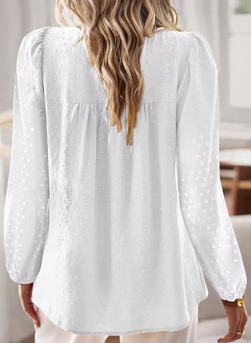 Falechay Plus Size Tops for Women Keyhole Button with Elastic Loop Dressy Casual Crewneck Long Sleeve Flowy Blouses Summer Boho Shirts White 2XL - Image 3