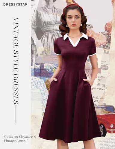 Dressystar Women V Neck 1950s Vintage Short Sleeves Dress Retro A Line Swing Rockabilly Cocktail Party Dresses with Pockets Burgundy L - Image 2