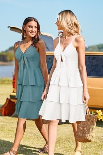 VOTEPRETTY Womens 2025 Summer Dress Midi V Neck Tie Front Casual Spaghetti Strap Vacation Tiered Ruffle Sundress(Light White,L) - Image 5