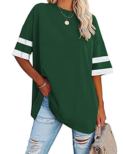 Fisoew Womens Oversized Tees Loose T Shirts Half Sleeve Crew Neck Color Block Cotton Tunic Tops Green - Image 1
